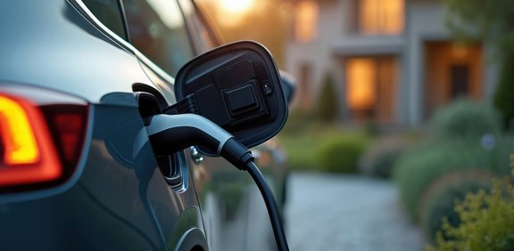 Elektroauto lädt vor einem Wohnhaus