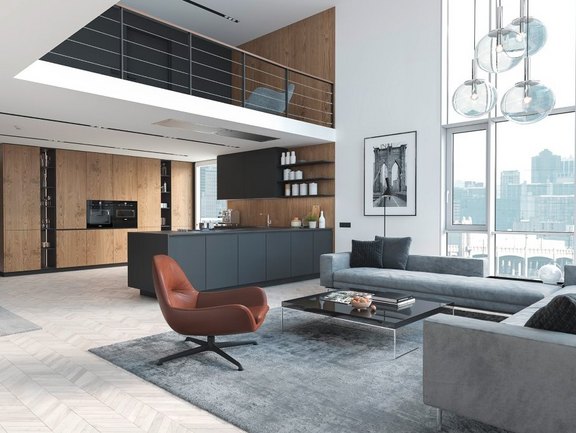 Modernes Loft-Wohnzimmer mit offener Küche und großen Fensterfronten